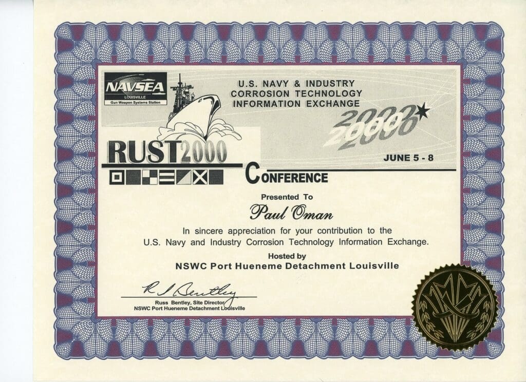 RUST2000 Navy Certificate of Appreciation presented to Paul Oman